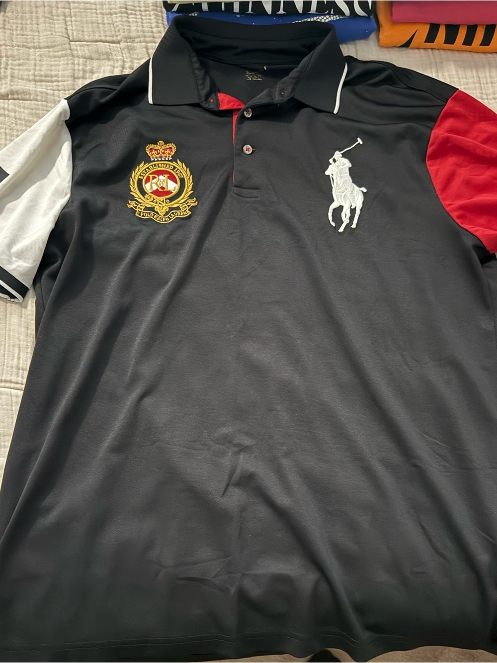Polo by Ralph Lauren Black Polo with Red and White Sleeves and Crest
